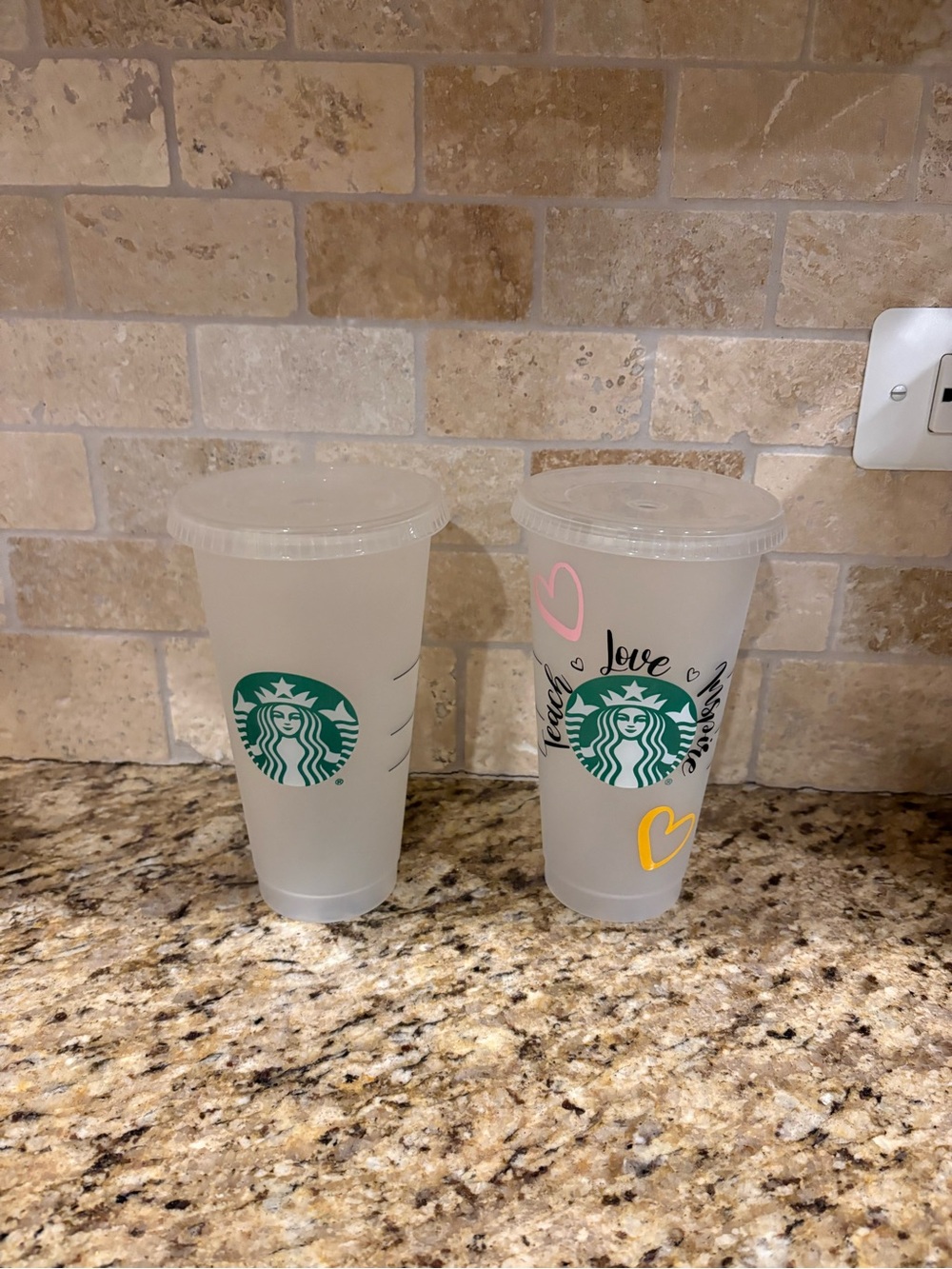 Starbucks Frosted Reusable Cups with Pink & Yellow Heart Accents